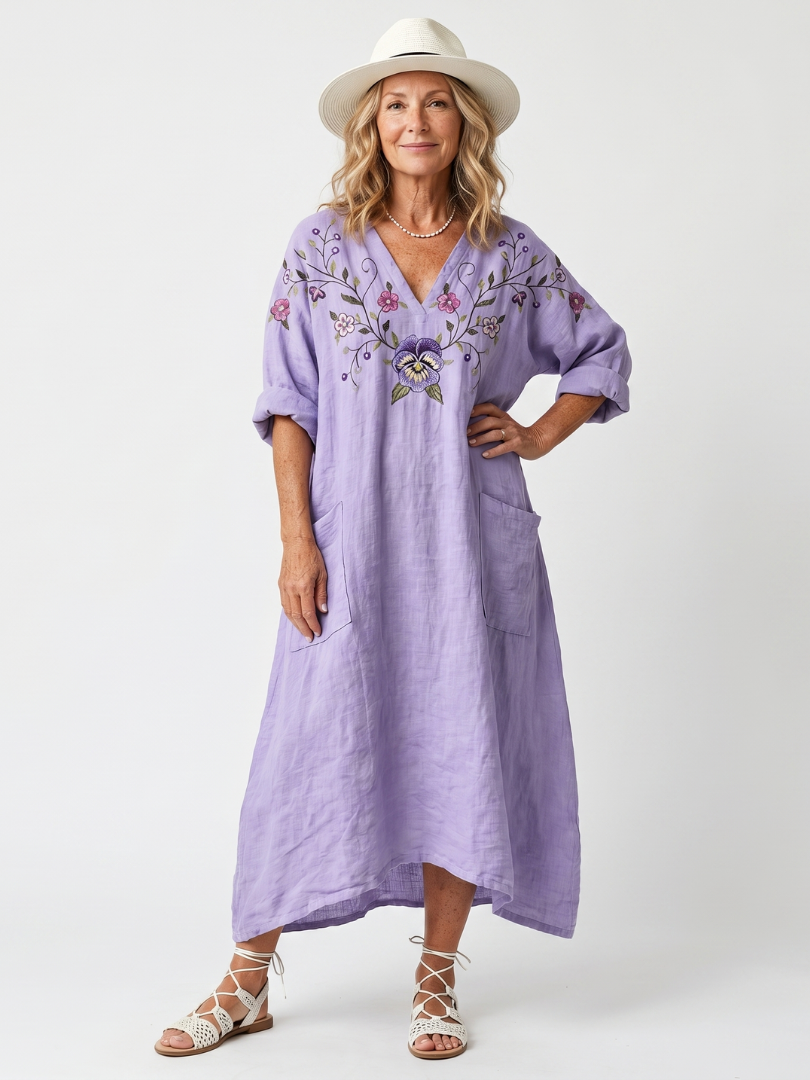 VELOURA | Vestido Midi Bordado con Bolsillos Sandrine