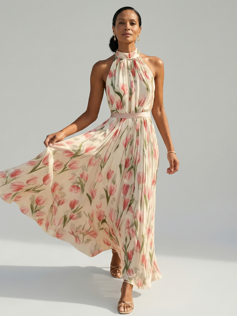 VELOURA | Vestido Midi con Cuello Halter de Flores Aurelle