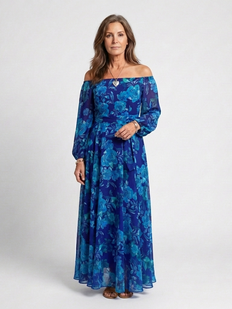 VELOURA | Vestido Maxi Floral con Hombros Descubiertos Aspen