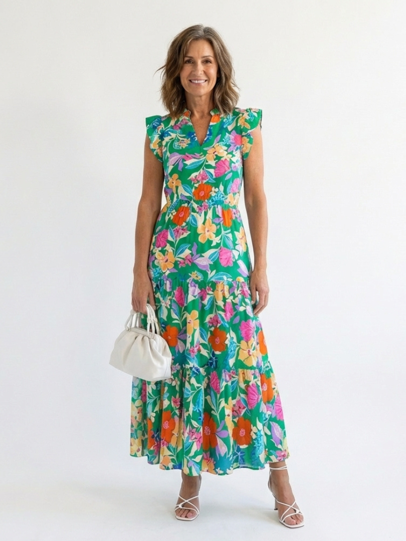 VELOURA | Vestido Midi Acampanado con Estampado Floral Lila
