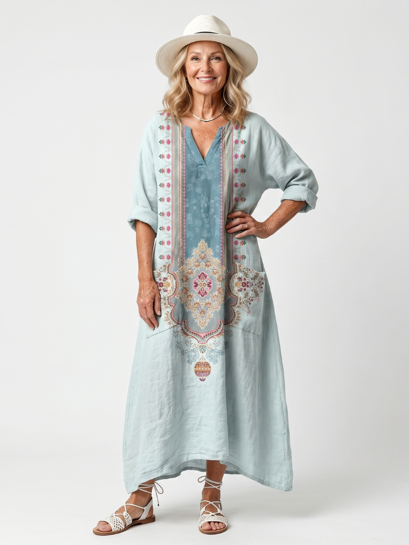 VELOURA | Vestido Midi Bordado con Bolsillos Claire
