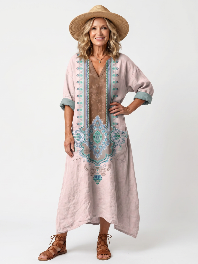 VELOURA | Vestido Midi Bordado con Bolsillos Mathilde