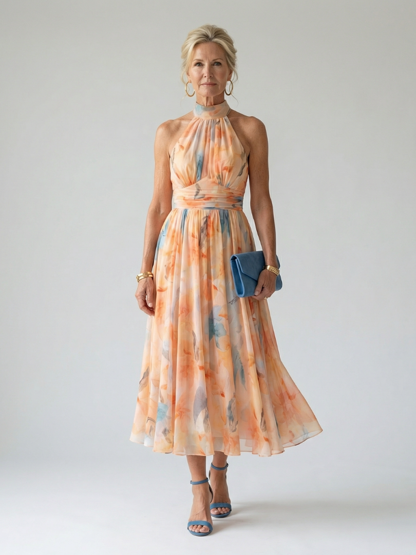 VELOURA | Vestido Midi con Cuello Halter Suave Elin