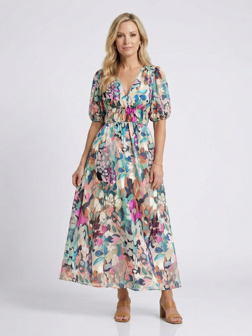 VELOURA | Vestido midi de manga corta y cintura Eulalie