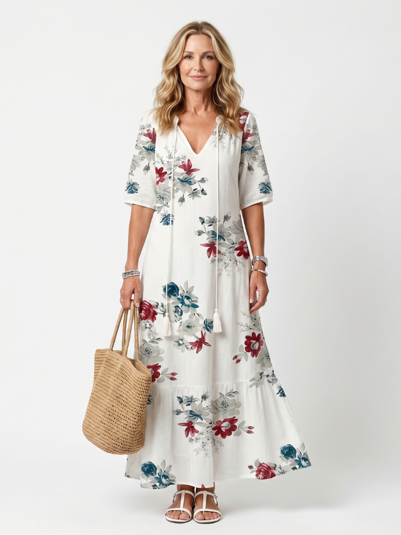 VELOURA | Vestido Midi Floral con Pompones Élina