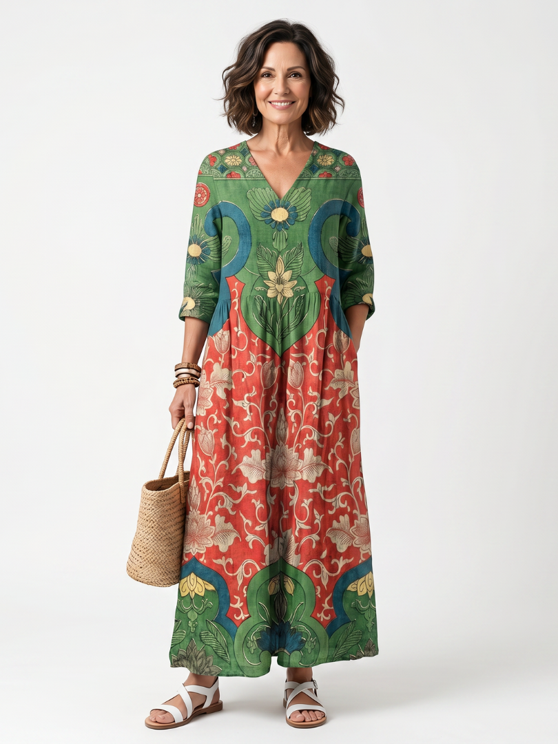 VELOURA | Vestido Midi Floral con Cintura Fruncida Amélie