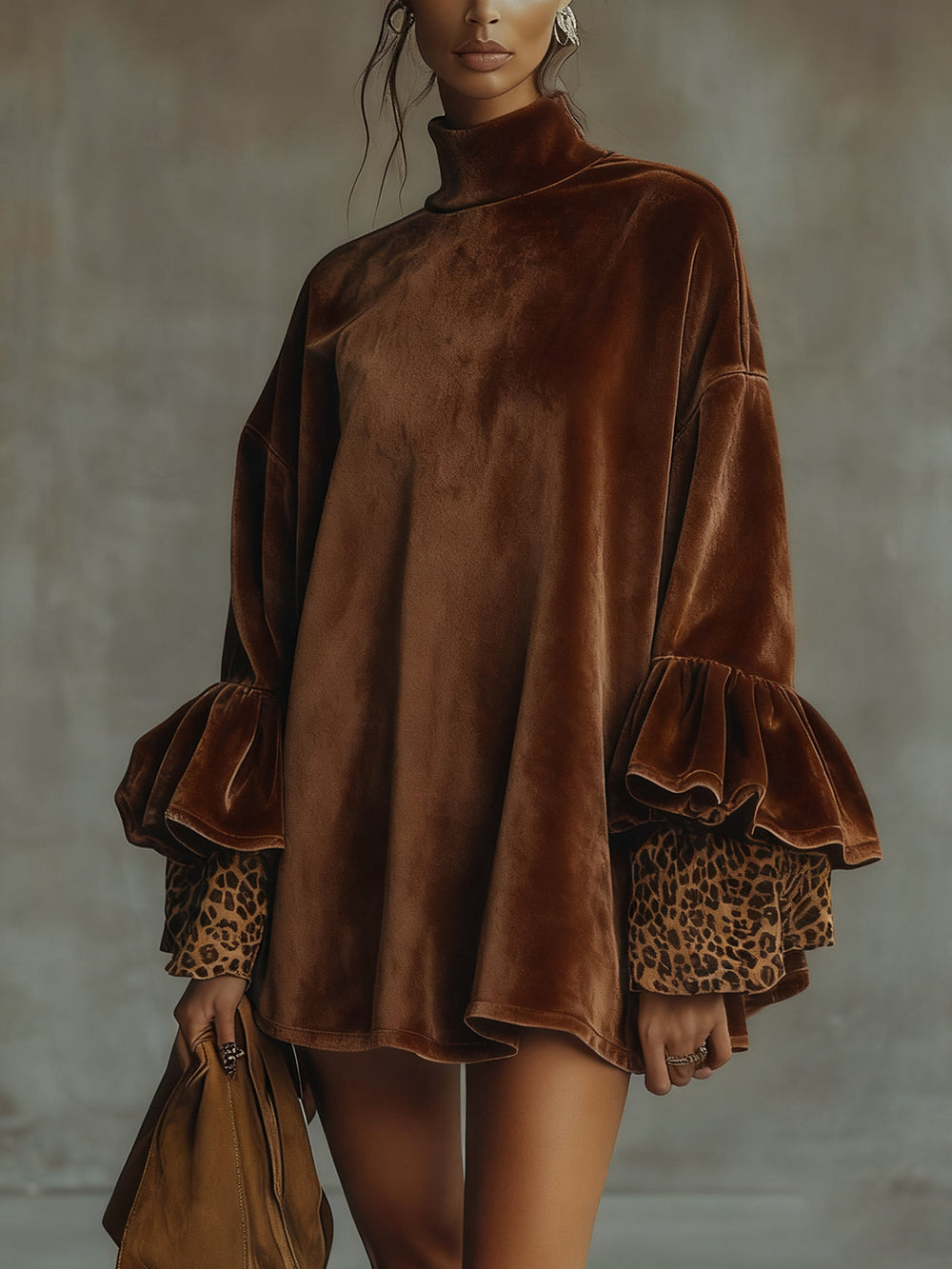 VELOURA | VESTIDO TRAPECIO DE VELUR CON MANGAS DE LEOPARDO