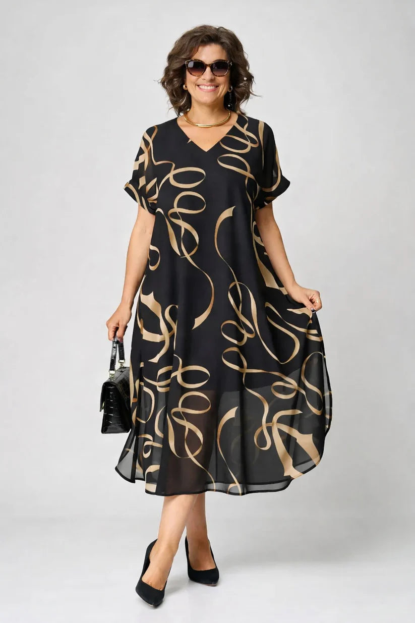 VELOURA | Vestido Midi Fluido con Motivos Dorados Amélie