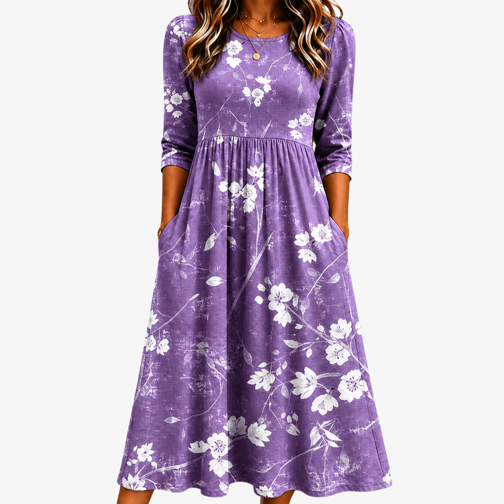 Vestido Midi Floral Lavanda Cómodo con Bolsillos