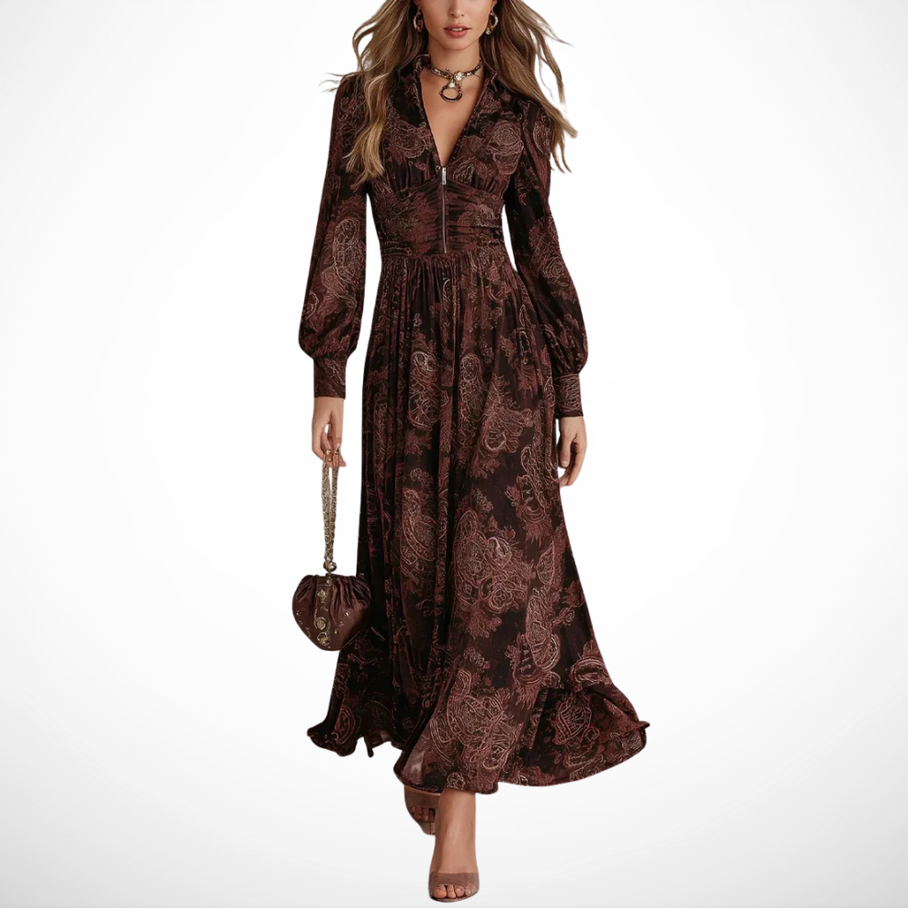 VELOURA | VESTIDO LARGO CON IMPRESIÓN VINTAGE ELEGANTE