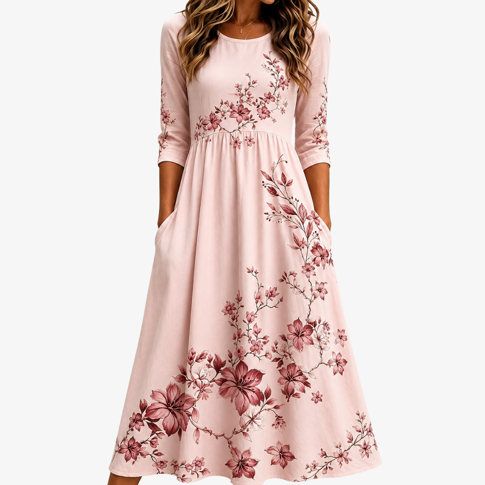 Vestido Midi de Rosas de Jardín con Bolsillos