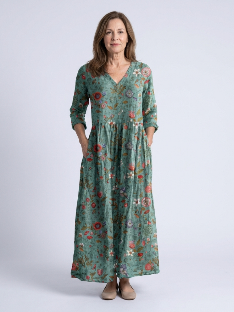 VELOURA | Vestido Maxi de Manga Tres Cuartos Marina