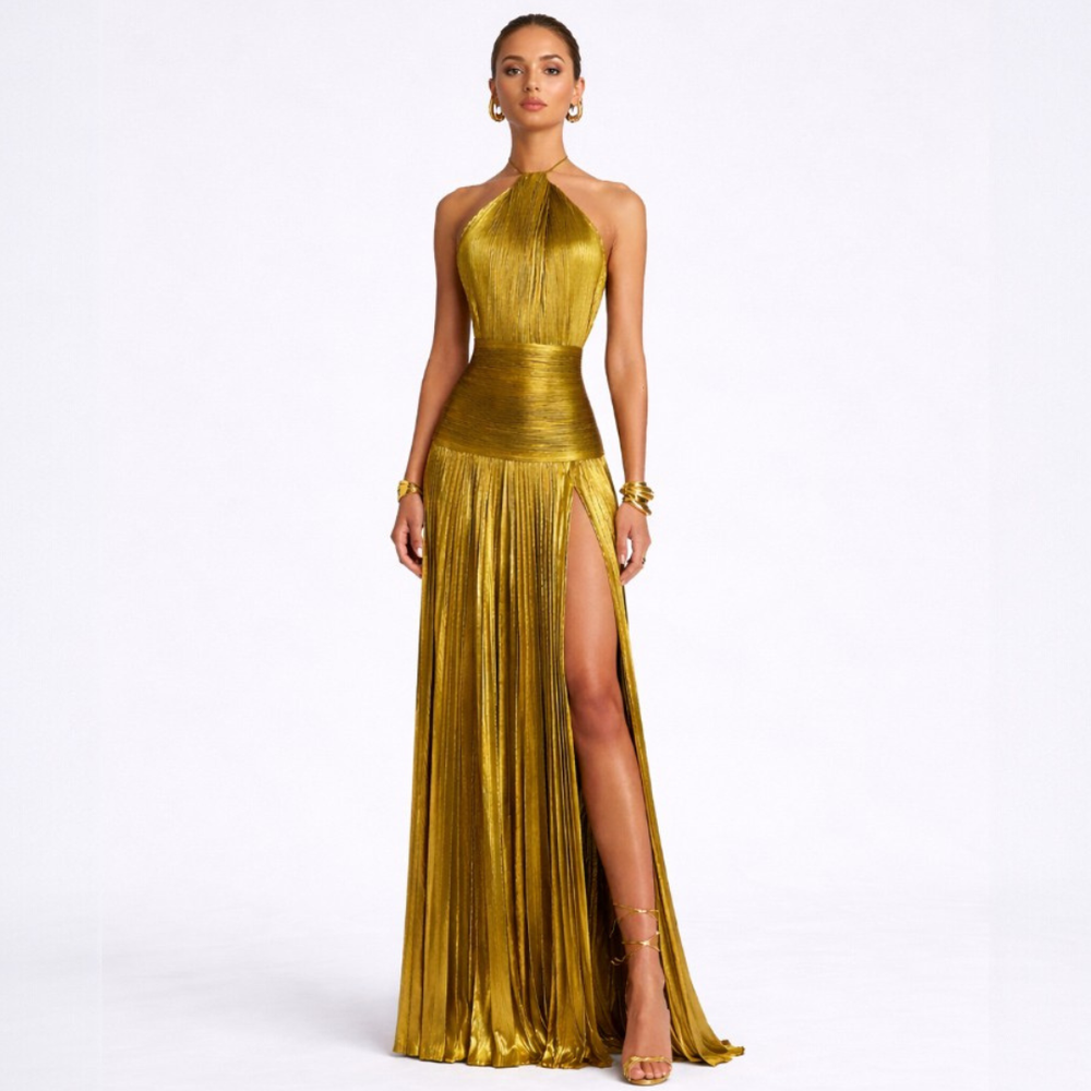 VELOURA | Vestido Maxi Brillo Dorado