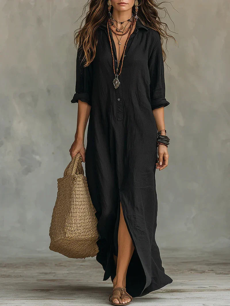 Celia™ | Vestido Maxi Negro Amplio con Botones