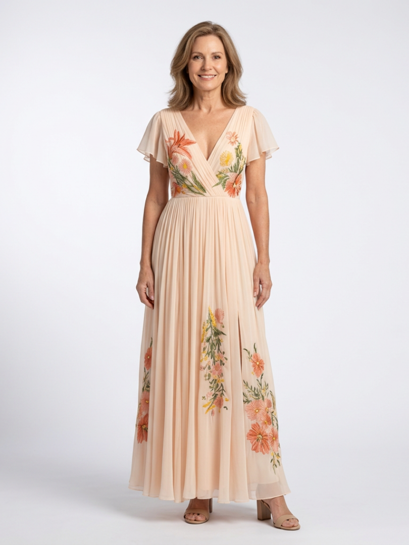 VELOURA | Vestido Maxi Floral Plisado con Mangas Calista
